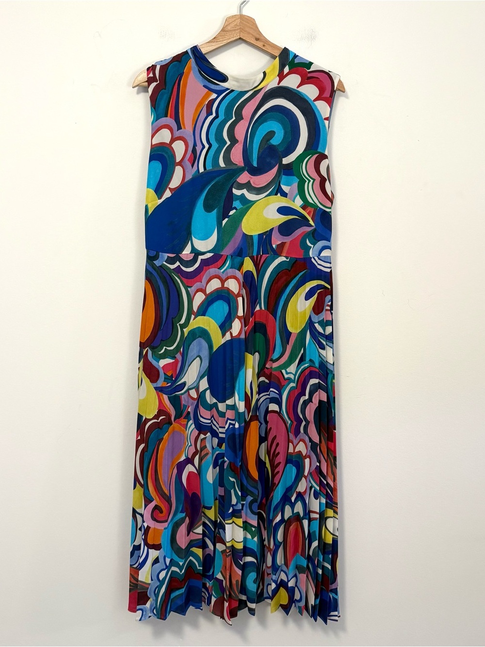 Boden Abstract Print Pleated Midi Dress Sleeveless Tie Back Colorful US 10